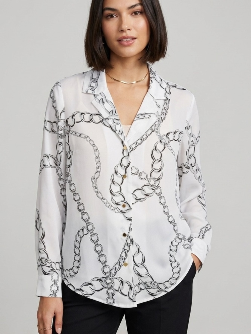 INC International Concepts Satin White Black Chain Print Button Down Blouse 1860